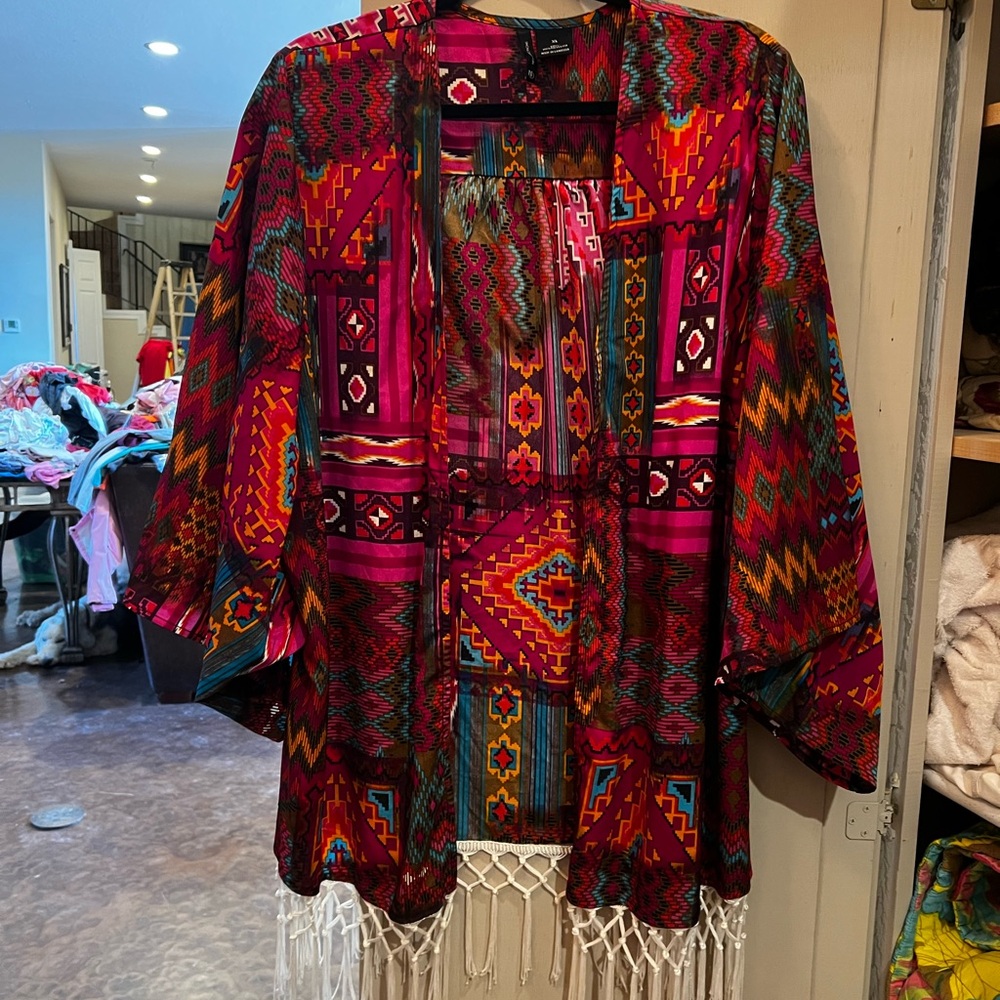 New Directions Multicolor Patterned Kimono, rich colors XL with fringe